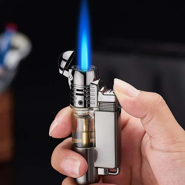 Storm lighter with a burning blue jet flame held in the hand